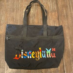 Disneyland Park Tote Bag Black Zipper Top Embroidered Character Spellout